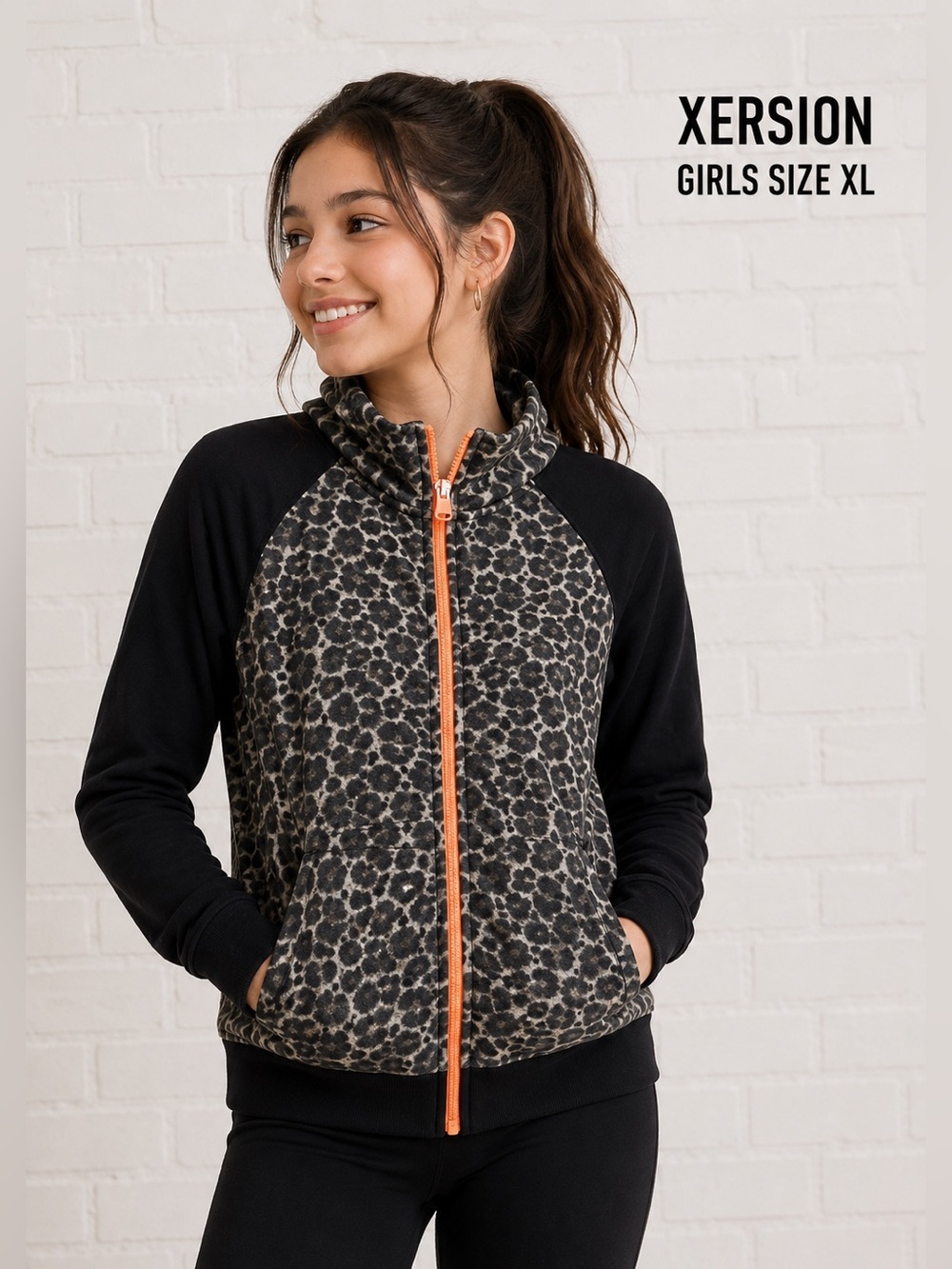 XERSION print leopard -black sweatshirt-hoodie for girls/size XL